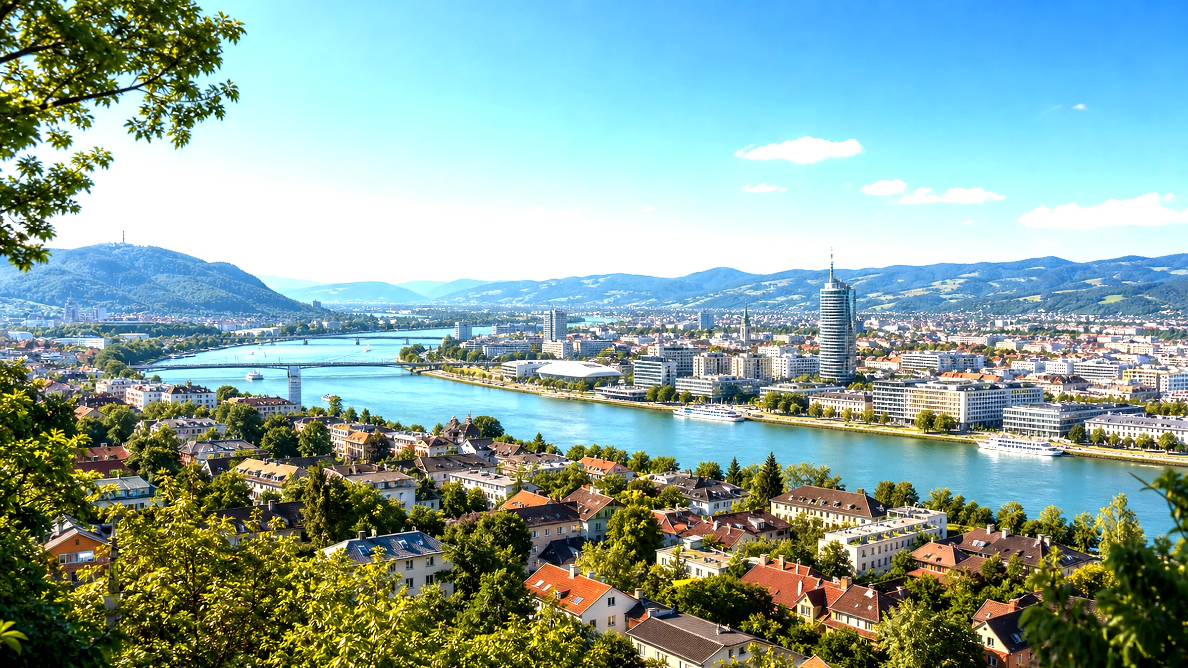 Stadtlandschaft mit Fluss und grünen Hügeln